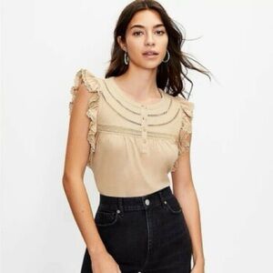 Loft Cottagecore Ruffle Boho Henley Lace Trim Tan Tank S